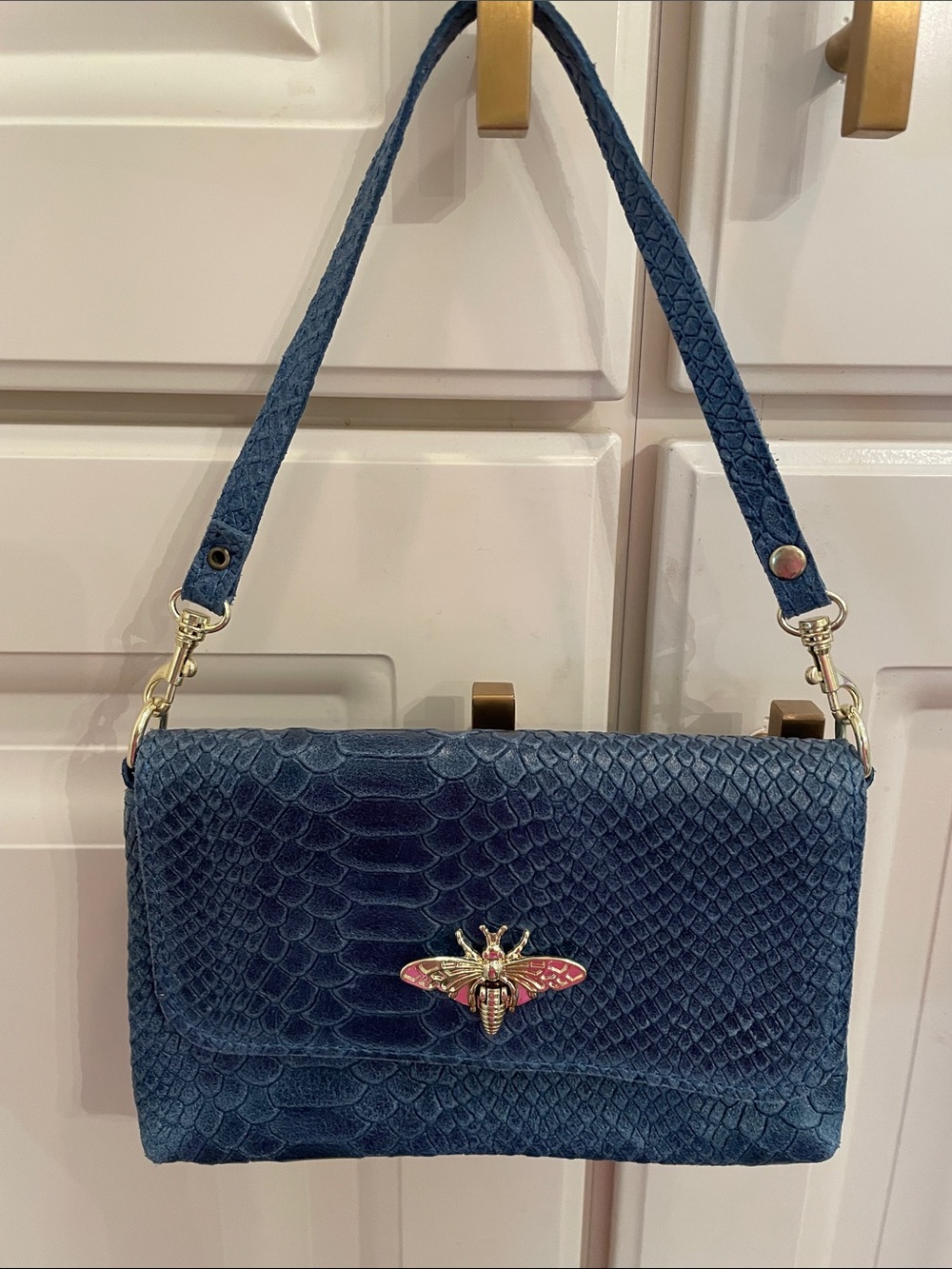 Embossed leather bee bag - denim blue